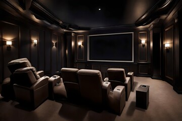 A home theater setup with plush recliners facing a large screen on a dark accent wall. Subdued lighting enhances the cinematic experience.