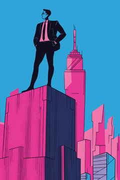 Confident Businessman Standing Tall Amongst Skyscrapers in a Stylized Cityscape