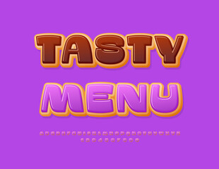 Vector delicious emblem Tasty Menu with Purple Donut Font. Sweet set of cake Alphabet Letters and Numbers.
