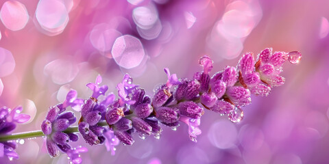 Fototapeta na wymiar Beautiful purple flowers with glistening water droplets against a soft bokeh background in nature garden setting