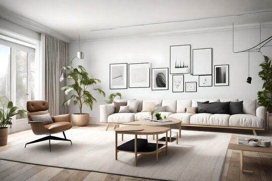 A Scandinavian-inspired living room with a clean and minimalistic wall mockup, emphasizing functionality and timeless design.