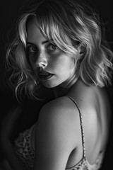 Naklejka premium Black white portrait of a beautiful blond woman