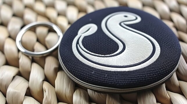 A close-up image showcasing a emblem keychain with intricate design details against a woven texture background