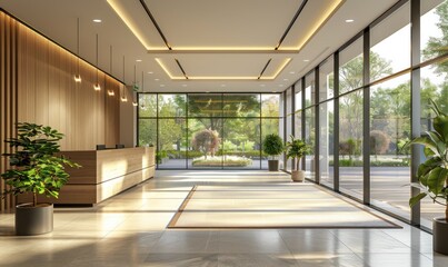 A beautiful modern spacious office hall with panoramic windows and a perspective in natural beige and brown tones