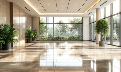 A beautiful modern office hall with panoramic windows and a perspective in pleasant natural beige and brown tones