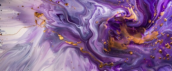 Electric lavender swirls intertwine with golden splashes, forming a dreamlike symphony of colors on a liquid canvas."