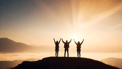 Success concept, Silhouette of a Three people with arms raised up in the mountains at sunset