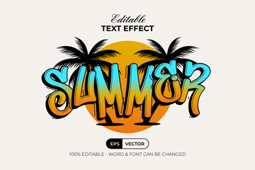 Summer Text Effect Fashion Print Design Style. Editable Text Effect Sunset Theme With Palm.