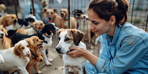 Female volunteer in uniform at animal shelter petting rescued dogs