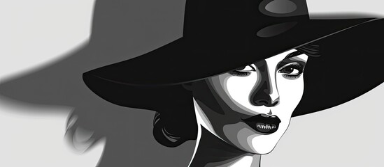 A monochrome artwork of a lady in a stylish hat, accentuating her sharp jawline and defined eyebrows. The detailed eyelashes and intricate headgear add a touch of elegance to the art piece