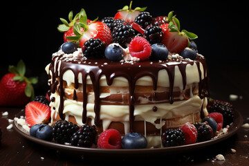 Chocolate cake with berries and white icing.