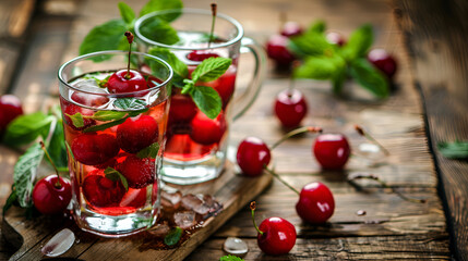 A refreshing glass of freshly squeezed cherry juice with ripe cherries next to it, creating a vibrant and inviting ,cherry liqueur,fresh cherry berries with a glass of cherry tincture on the table - obrazy, fototapety, plakaty