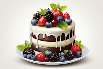 Chocolate cake with berries and white icing.