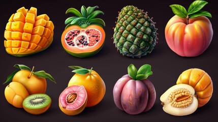 A visually pleasing array of fruit-shaped objects in various colors and sizes, arranged aesthetically on a dark surface