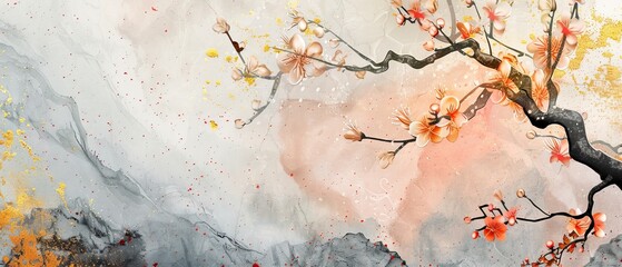 Nature landscape background with watercolor paintings texture modern. Vintage branch with leaves and flowers decoration. Cherry blossoms with gold and black textures on a gold background. - obrazy, fototapety, plakaty
