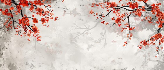 The cherry blossom element can be used as a logo, card, or icon in your design, thanks to its watercolor texture modern background. It contains branches with red leaves and flowers decoration in a