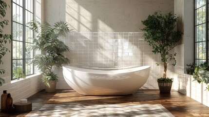   A bathtub sits in a bathroom by a window, with potted plants adjacent to it - obrazy, fototapety, plakaty