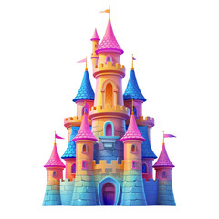 2D asset element of a toy castle, towers shimmering with magical colors, isolated on white background - obrazy, fototapety, plakaty