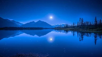 Tuinposter Starry night over tranquil forest lake © Yusif