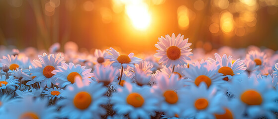 a many white flowers in a field with the sun setting