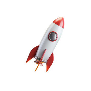 2D asset element of a toy rocket ship, blasting off with bright flames, isolated on white background