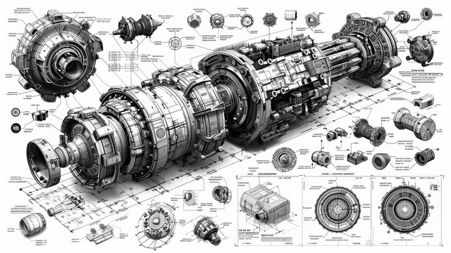 An intricate black and white technical blueprint of an object showcasing its complex internal components