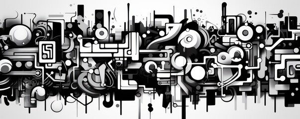 Black and white flat digital illustration canvas with abstract graffiti and copy space for text background pattern 