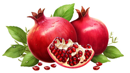 A ripe pomegranate with seeds and leaves. Background with pomegranate fruit. Pomegranate fruit on a whitebackground.
