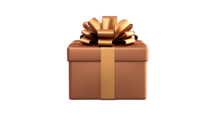 Against a white background, a brown present box with golden ribbon is isolated. 