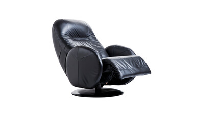 An lonely black plastic recliner against a white background 