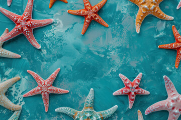 Colorful starfish on vibrant turquoise background with space for text