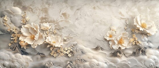 Vintage Chinese cloud decorations with gold peony flowers. An abstract art landscape with hand-drawn lines.