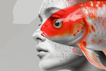 Surreal Fusion of Woman and Koi Fish in Red and Gray Tones