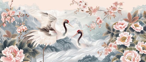 Obraz na płótnie Canvas Birds crane modern. Japanese background with watercolor texture. Oriental natural wave pattern with floral decoration banner design in vintage style. Peony floral pattern element in vintage style.