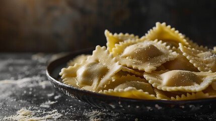 A serene plate of ravioli bathed in soft light, resting on an elegantly draped white cloth.
