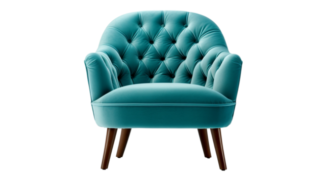 Classic armchair art deco style in turquoise velvet with wooden legs isolated on white background. Front view, grey shadow