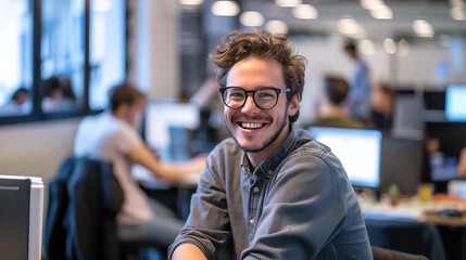 Cool worker with glasses smiling at the camera in a busy office	
