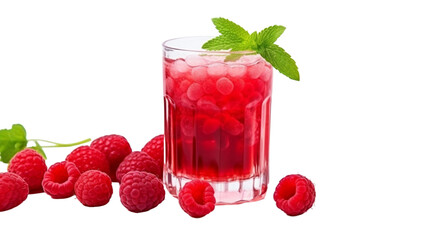 Fresh ripe raspberries and raspberry juice in a glass cup on a white background. Close-up, minimal...