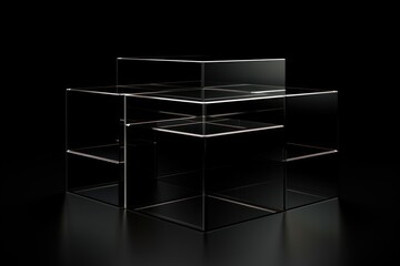 Black glass cube abstract 3d render, on black background with copy space minimalism design for text or photo backdrop 