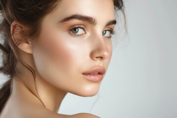closeup portrait of woman with natural healthy skin and colored eyes, facial skincare and beauty concept