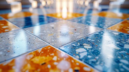  A close-up photo of an orange and blue tiled floor, with a white chair visible in the background - obrazy, fototapety, plakaty