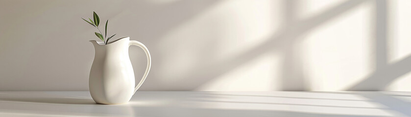 Minimalist white jug, watersaving message, bright light, side angle