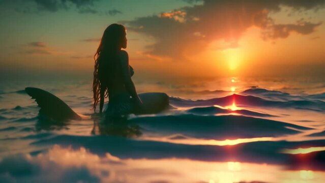 Silhouette of a beautiful mermaid sitting in the sea among the waves, gazing at the horizon with the sun setting and the fish tail outside. Cinematic landscape of a fairytale animated like a dream
