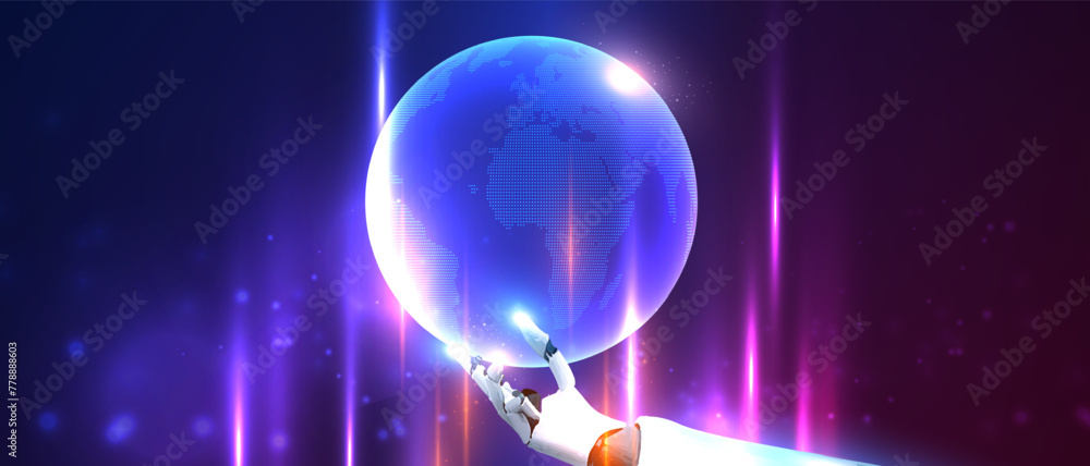 Poster futuristic robot hand holding digital globe network hologram. intelligent robot humanoid using digit