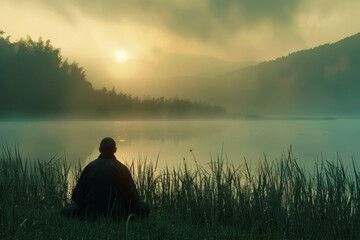 Serene Sunrise by the Misty Lake with Silhouetted Person