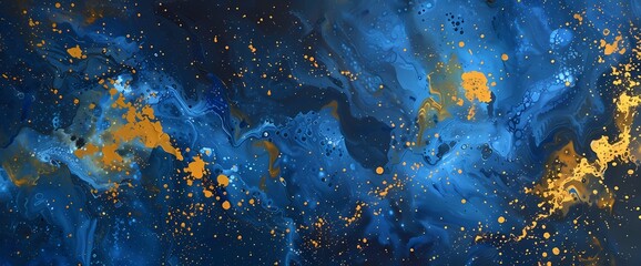 Cobalt blue and goldenrod create a harmonious abstract fusion, evoking a sense of cosmic balance. - obrazy, fototapety, plakaty