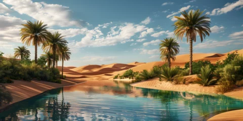 Store enrouleur sans perçage Réflexion tranquil beach scene with palm trees and gentle waves.,  A tranquil desert oasis reflecting the surrounding palm trees in its pool.