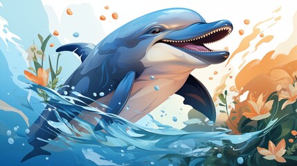 A cartoon logo featuring a playful dolphin jumping out of the water.