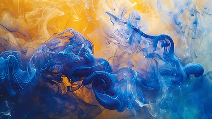 Cobalt blue smoke forming enchanting shapes over a canvas painted in shades of goldenrod.