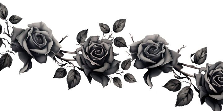 Black roses watercolor clipart on white background, defined edges floral flower pattern background with copy space for design text or photo backdrop minimalistic 